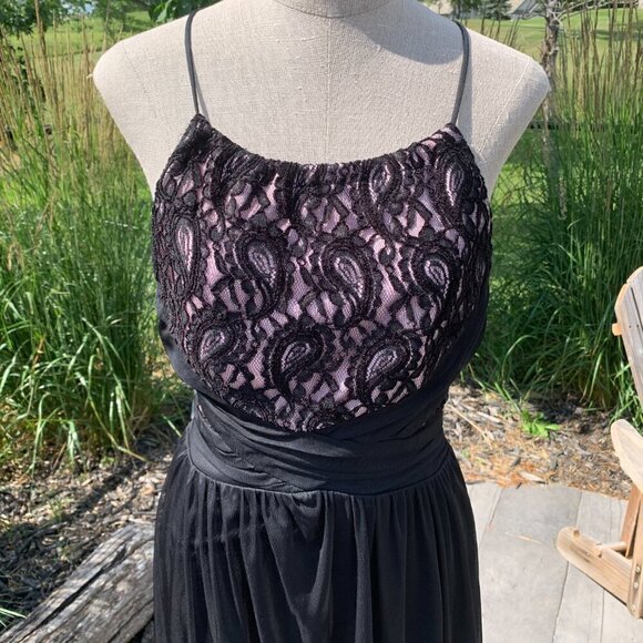 Y2K Whimsigoth Fairy Halter Dress Black Sheer Chiffon Lace High Low Hem - Picture 2 of 9